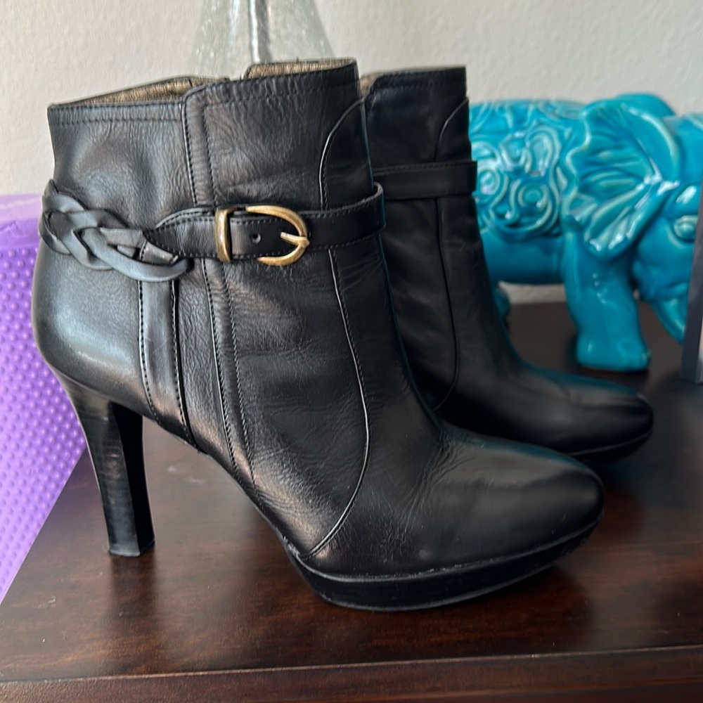 Banana Republic Sophie Black Leather High Heel Booties w/Braided Buckle Strap